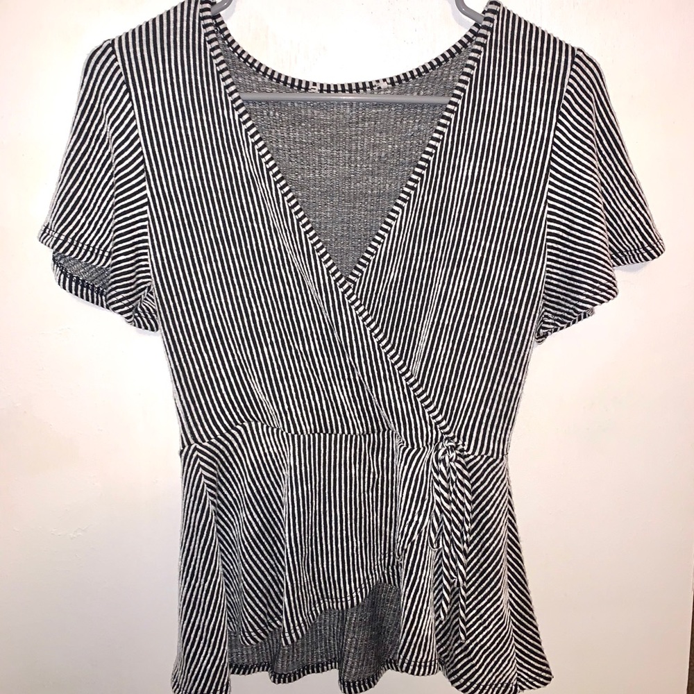 V Neck Striped Blouse w/ Tied Waist